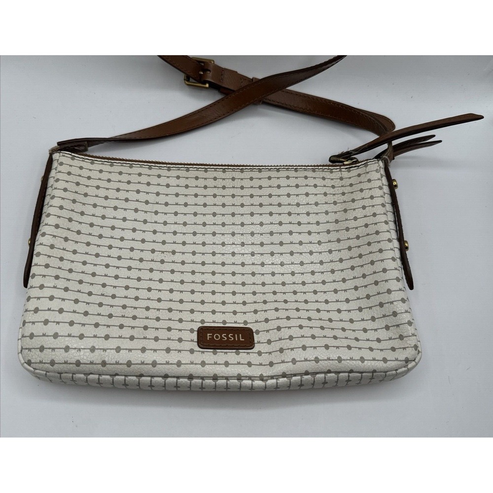 Fossil Fiona Crossbody Bag Off White Polka Dot Small Brown Leather Trim‎ Strap